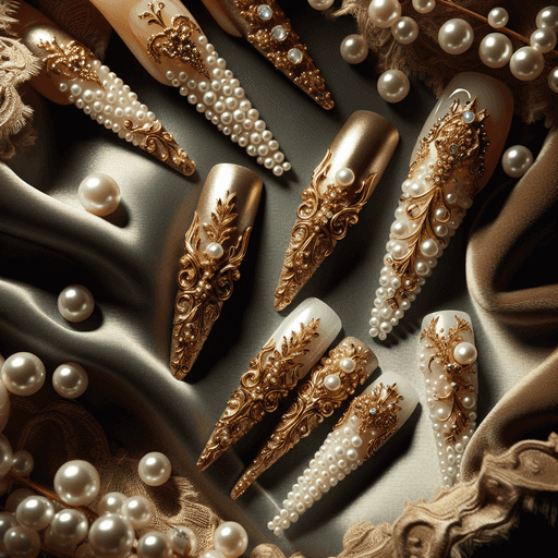 Fake Nails dengan Sentuhan Emas dan Mutiara untuk Pernikahan Mewah